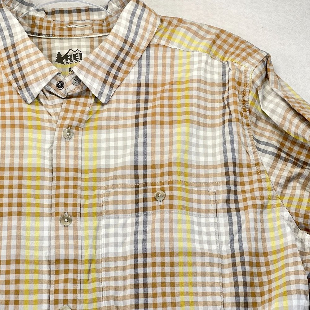 REI COOP Mens XL Brown Plaid Button Down Shirt Performance Long Sleeve Stretch
